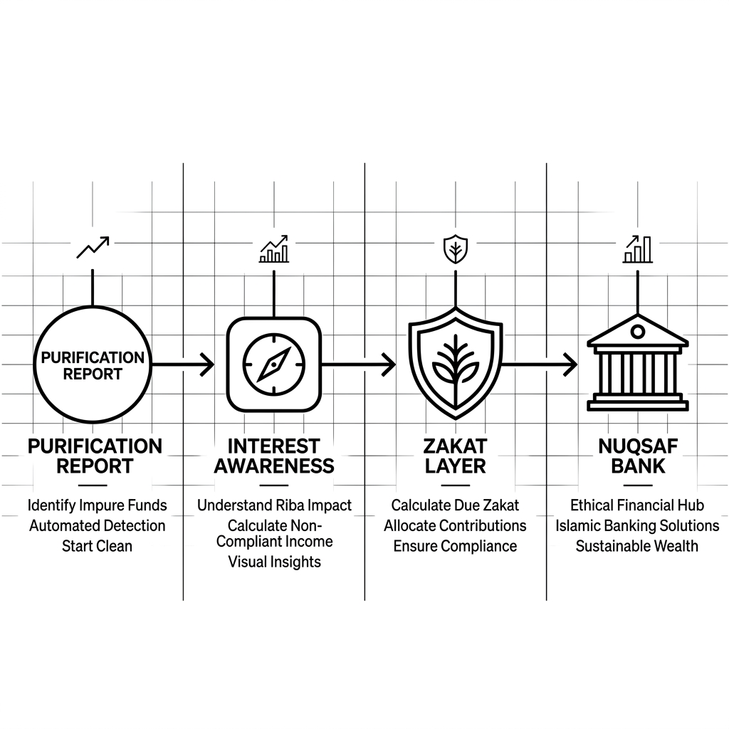 Nuqsaf roadmap: Purification Report, Interest Awareness, Zakat Layer, then the platform shift to Financial Cockpit and Nuqsaf Bank